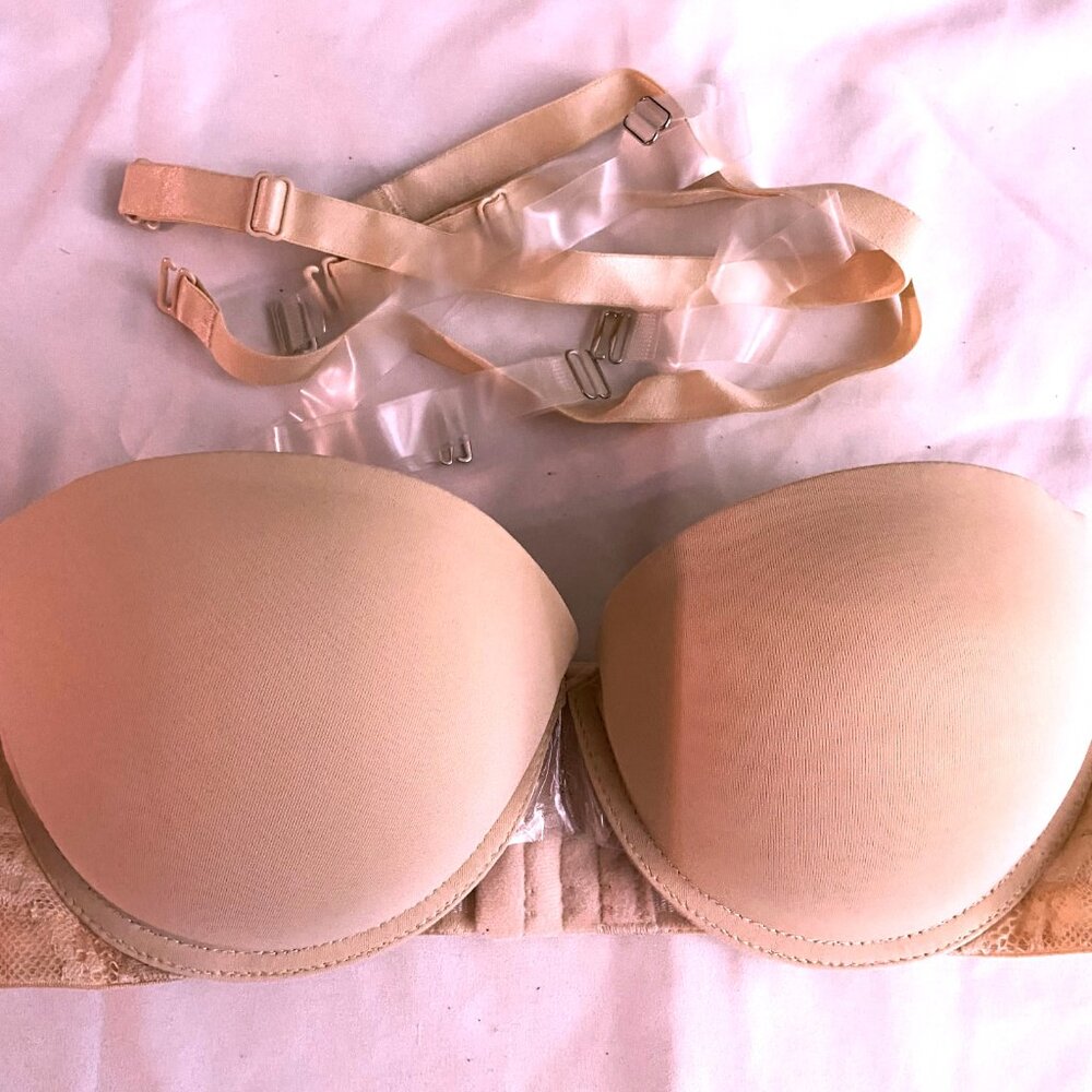 NUDE LIGHT PEACHY/BEIGE CONVERTIBLE PUSH UP BRA W LACE SIDES & STRAPS 36C